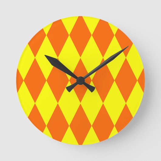 Orange Yellow Harlequin Checkered Design  ラウンド壁時計 (正面)