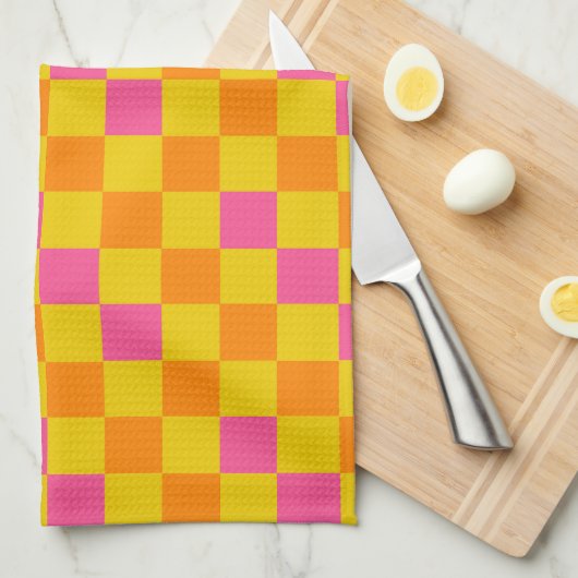 Orange Yellow Pink Checkered Pattern Design  キッチンタオル (四つ折り)