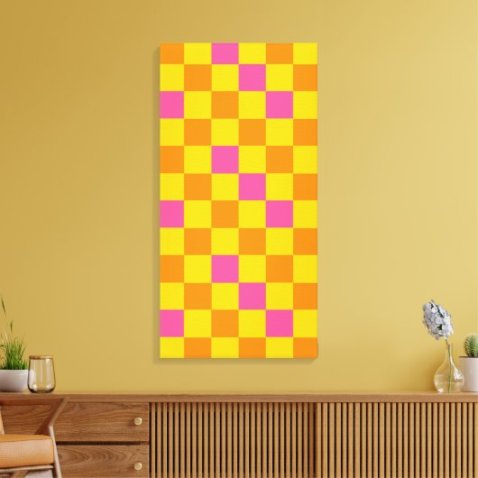 Orange Yellow Pink Checkered Pattern Design  キャンバスプリント (インサイチュ (リビング))