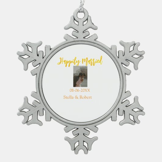 Orange yellow retro photo happily married couple スノーフレークピューターオーナメント (正面)