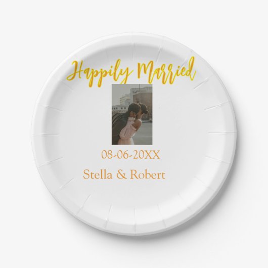 Orange yellow retro photo happily married couple ペーパープレート (正面)