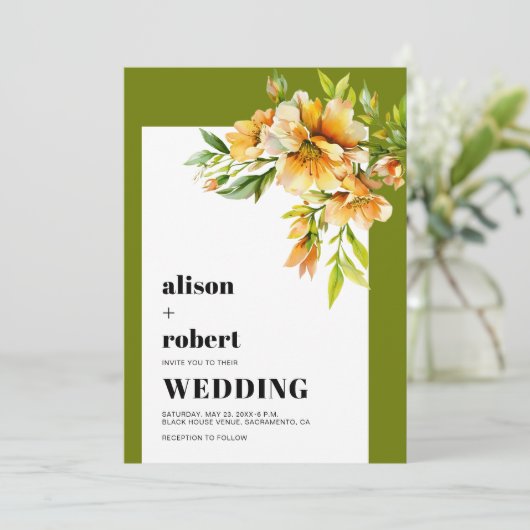 Orange, yellow rhododendron olive green wedding 招待状 (スタンド正面)