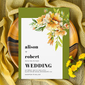 Orange, yellow rhododendron olive green wedding 招待状