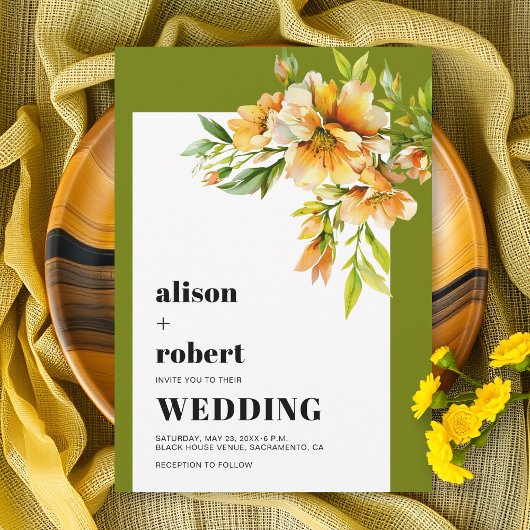 Orange, yellow rhododendron olive green wedding 招待状