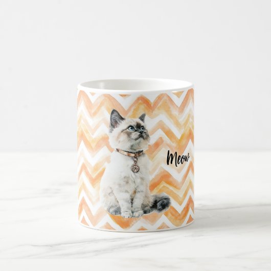 Orange Zigzag Stripes White Cat Meow コーヒーマグカップ (中央)