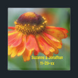Orange Zinnia Flower Personalized Wedding  マグネット<br><div class="desc">Lovely orange and yellow zinnia flower photography by Susan wedding favor refrigerator magnet. Fill in your information in the template. Make more changes to font size, style, and color by clicking on Customize. This design is available on many products in my gallery. Please visit Smilin' Eyes Treasures to see more...</div>