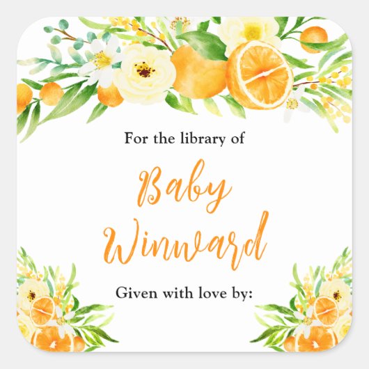 Oranges Citrus Baby Shower Bookplate スクエアシール (正面)