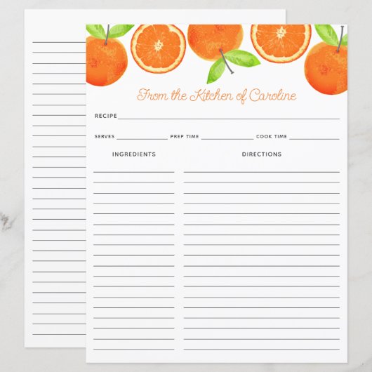 Oranges Citrus Fruit Recipe Card Binder Insert (正面/裏面)