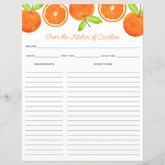 Oranges Citrus Fruit Recipe Card Binder Insert (正面)