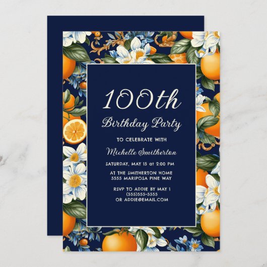 Oranges White Flowers Navy Blue 100th Birthday 招待状 (正面/裏面)