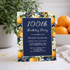Oranges White Flowers Navy Blue 100th Birthday 招待状