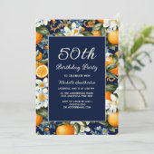 Oranges White Flowers Navy Blue 50th Birthday 招待状 (スタンド正面)