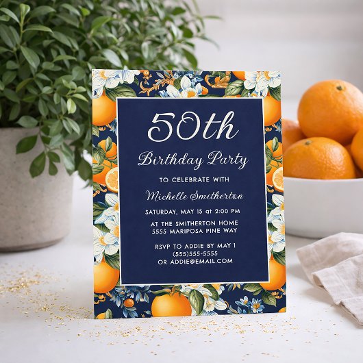 Oranges White Flowers Navy Blue 50th Birthday 招待状