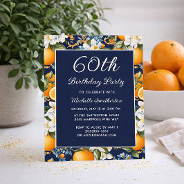 Oranges White Flowers Navy Blue 60th Birthday 招待状