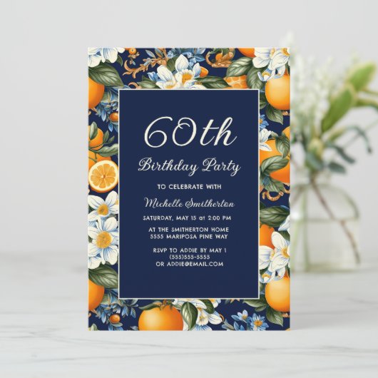 Oranges White Flowers Navy Blue 60th Birthday 招待状 (スタンド正面)