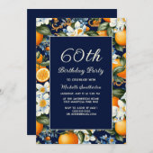 Oranges White Flowers Navy Blue 60th Birthday 招待状 (正面/裏面)