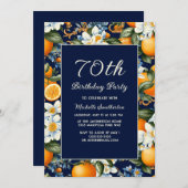 Oranges White Flowers Navy Blue 70th Birthday 招待状 (正面/裏面)