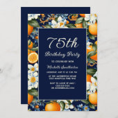 Oranges White Flowers Navy Blue 75th Birthday 招待状 (正面/裏面)
