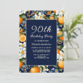 Oranges White Flowers Navy Blue 90th Birthday 招待状 (スタンド正面)