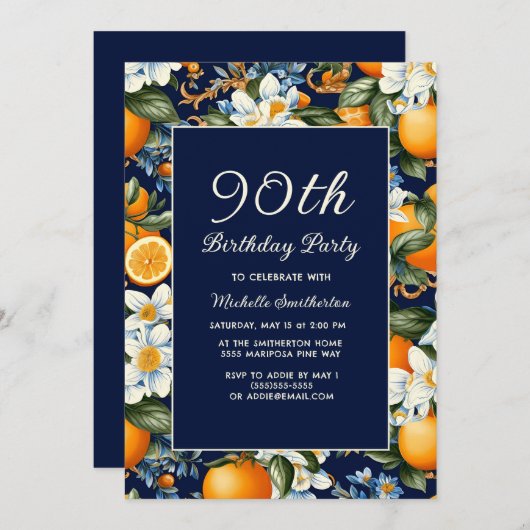 Oranges White Flowers Navy Blue 90th Birthday 招待状 (正面/裏面)