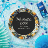 Oranges White Flowers Navy Blue Birthday Welcome ペーパープレート (パーティー)