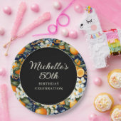 Oranges White Flowers Navy Blue Birthday Welcome ペーパープレート (パーティー)