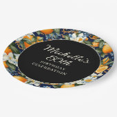 Oranges White Flowers Navy Blue Birthday Welcome ペーパープレート (アングル)