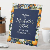 Oranges White Flowers Navy Blue Birthday Welcome 台座サイン (インサイチュ)