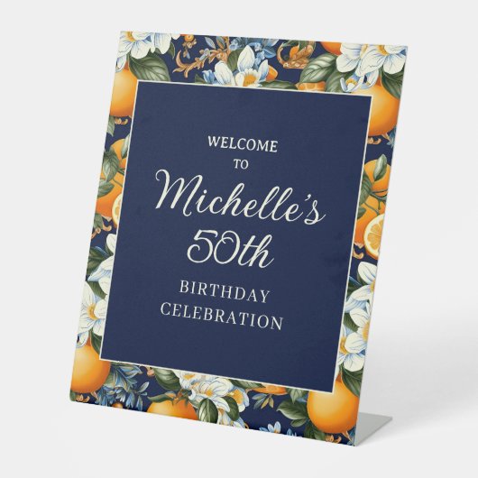 Oranges White Flowers Navy Blue Birthday Welcome 台座サイン (正面)