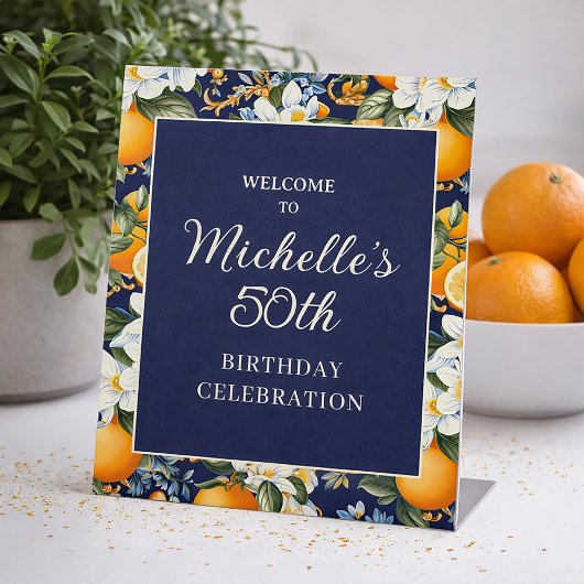 Oranges White Flowers Navy Blue Birthday Welcome 台座サイン