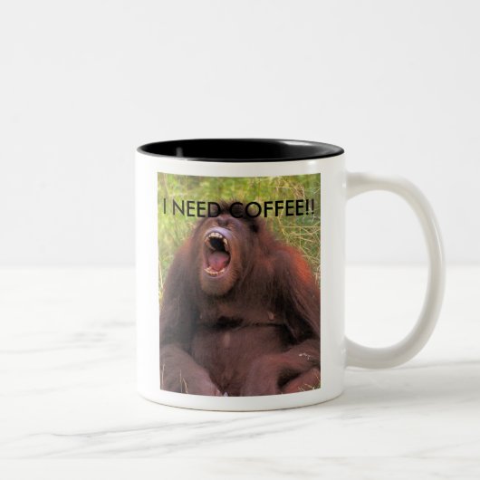 orangutan_yawn、私はコーヒーを必要とします!! ツートーンマグカップ (右)