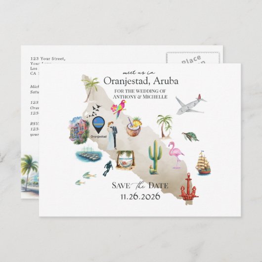 Oranjestad Aruba Destination Wedding Save the Date ポストカード (正面/裏面)