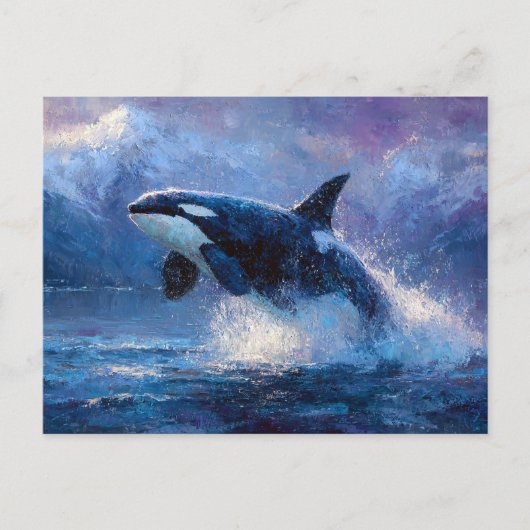 Orca Breaching Near Snowy Mountains ポストカード (正面)
