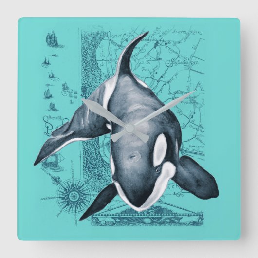 Orca Map Teal スクエア壁時計 (正面)