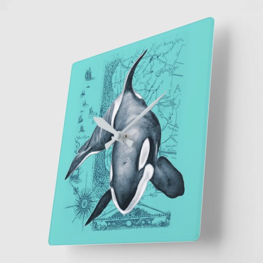 Orca Map Teal スクエア壁時計 (傾斜)
