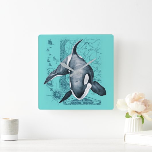 Orca Map Teal スクエア壁時計 (ホーム)