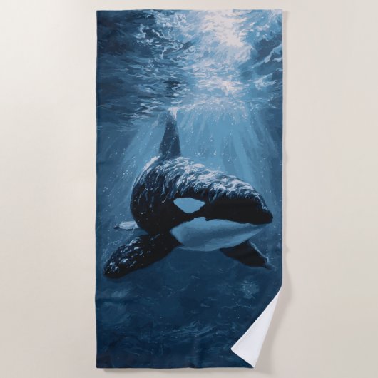 Orca Underwater Light Rays Ocean Illustration ビーチタオル (正面)