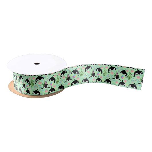 Orca Whale Satin Ribbon in Green サテンリボン (リール)