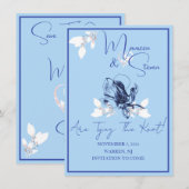 Orchid Blue & White日付のカードを結婚保存 招待状 (正面/裏面)