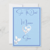Orchid Blue & White日付のカードを結婚保存 招待状 (裏面)
