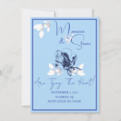 Orchid Blue & White日付のカードを結婚保存 招待状 (正面)