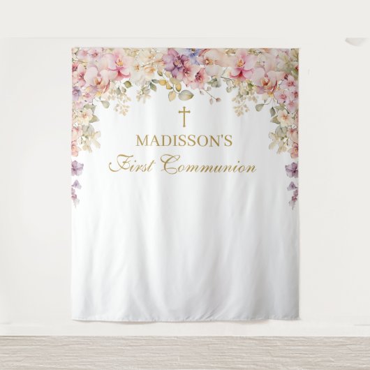 Orchid Floral First Communion Backdrop タペストリー (正面)