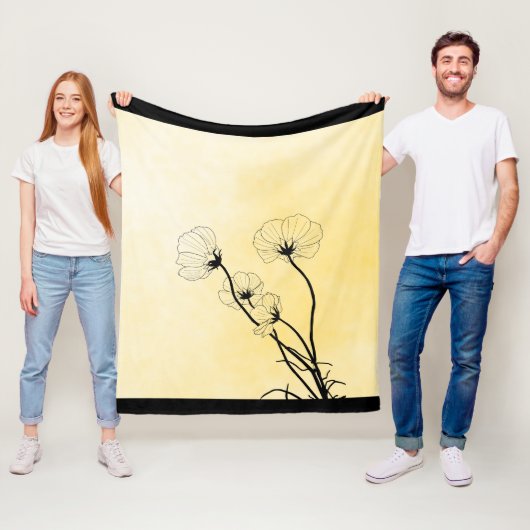 orchid floral line art on yellow フリースブランケット (インサイチュ)