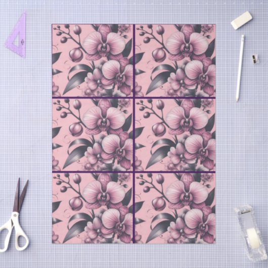 Orchid Flowers Pink Purple Whimsical Decoupage 薄葉紙 (クラフト)