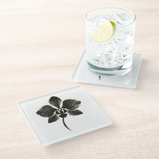 Orchid Line Drawing – Ink Floral Design on ガラスコースター (アングル)