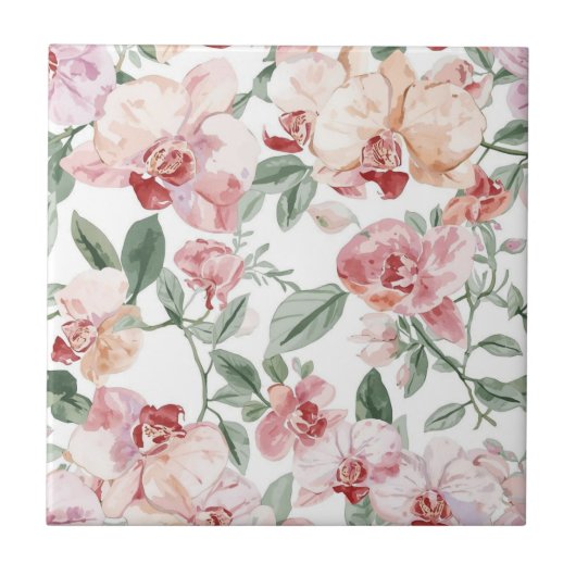 Orchid Meadow Watercolor Floral Blushing Botanical タイル (正面)