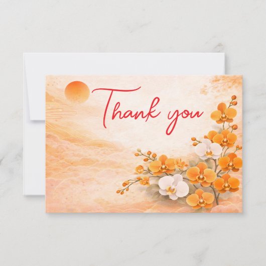 Orchid Thank You Card – Warm Orange Floral Design サンキューカード (正面)