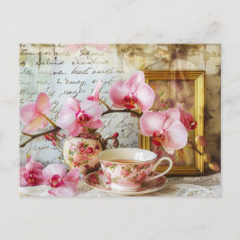 Orchids alongside a teacup and picture frame ポストカード