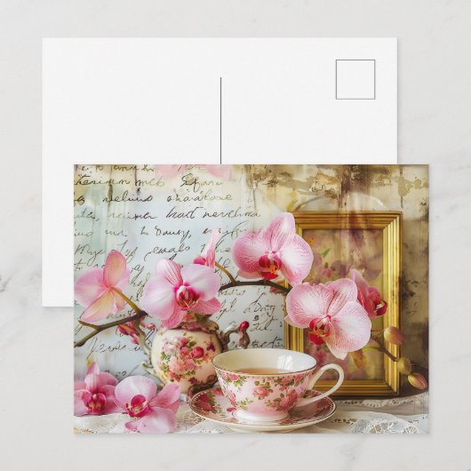 Orchids alongside a teacup and picture frame ポストカード (正面/裏面)