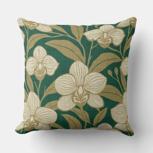 Orchids on emerald green pattern クッション (正面)